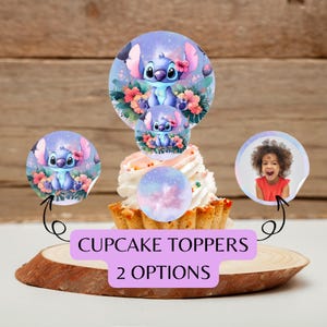 May include: Cupcake toppers featuring a blue cartoon character with large ears and a flower. The toppers are round and have a watercolor style design. The image also includes a photo of a child and the text "CUPCAKE TOPPERS 2 OPTIONS".