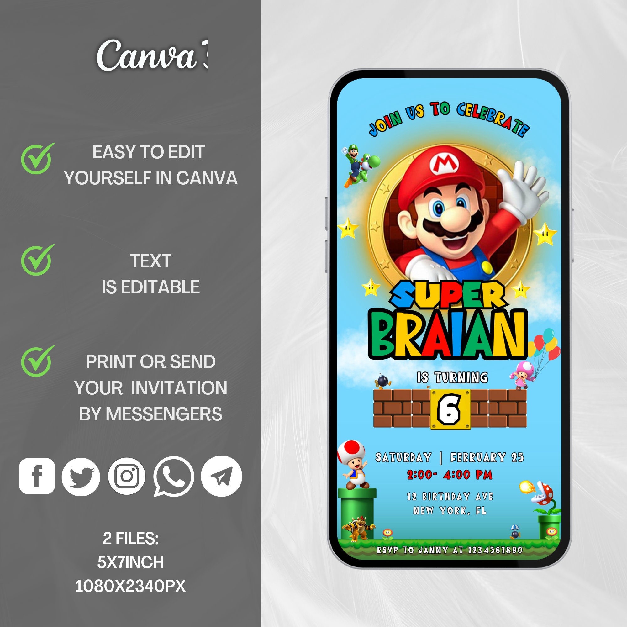 Super Mario Birthday Invitation, Birthday Invitation, Super Mario ...
