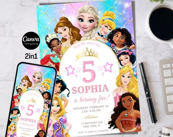 Princess Birthday Invitation Royal Girl Celebration Invite Magical Disney Princess Invitation Personalized and Editable instant download