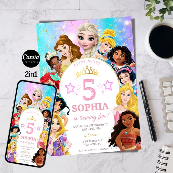 Princess Birthday Invitation Royal Girl Celebration Invite Magical Disney Princess Invitation Personalized and Editable instant download