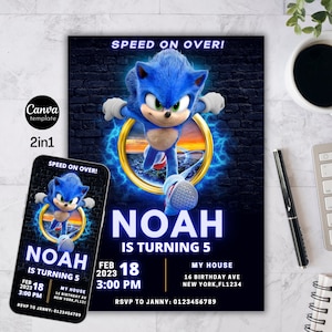 Convite de aniversário do Sonic, convite para festa dos meninos Super Hedgehog, convite para festa do Super Sonic, modelo de convite editável do Sonic, modelo Canva 75