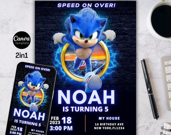 Sonic verjaardagsuitnodiging, Super Hedgehog Boys-feestuitnodiging, Super Sonic-feestuitnodiging, bewerkbare Sonic-uitnodigingssjabloon, Canva-sjabloon 75