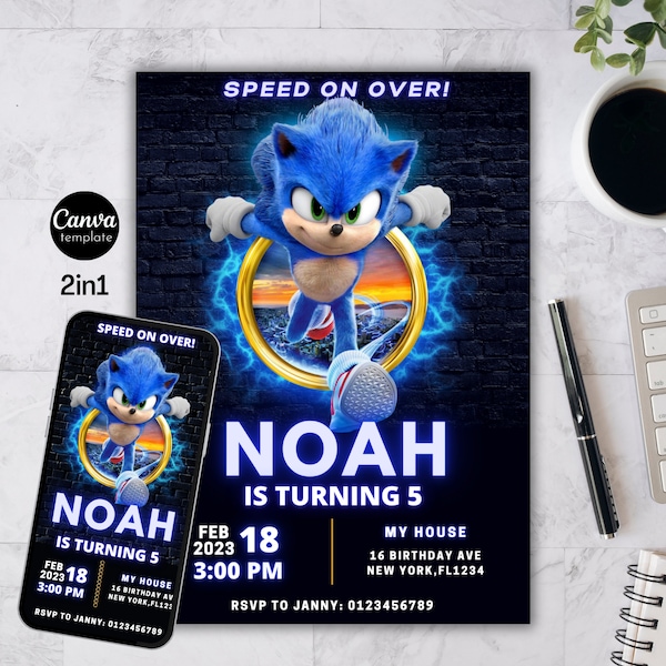 Sonic Birthday Invitation, Super Hedgehog Boys Party Invite, Super Sonic Party Invitation, Editable Sonic Invite Template, Canva Template 75