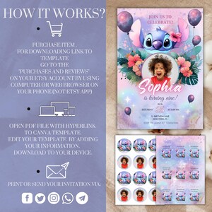 May include: A birthday party invitation featuring the character Stitch, with the name "Sophia" and the text "is turning nine!" The invitation includes details for the party, along with matching stickers. The design is colorful and festive.
