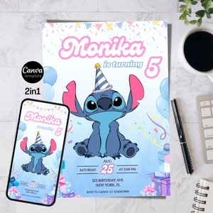 Stitch verjaardagsuitnodiging sjabloon Stitch uitnodiging meisjes verjaardagsuitnodiging bewerkbare kinderverjaardagsuitnodiging bewerkbare uitnodiging Canva-sjabloon