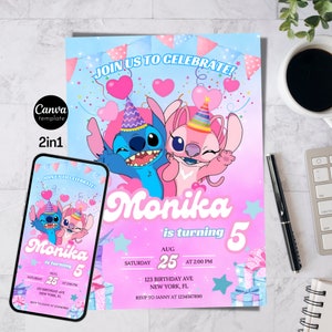 Stitch verjaardagsuitnodiging sjabloon bewerkbare Stitch meisjes verjaardagsuitnodiging Stitch verjaardag paarty uitnodiging Stitch Invite Canva-sjabloon