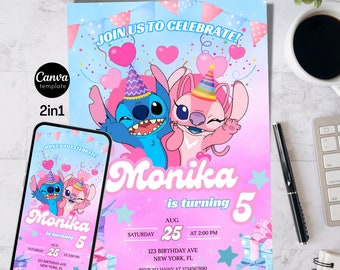 Stitch Birthday Invitation Template Editable Stitch Girls Birthday Invitation Stitch Birthday Paarty Invitation Stitch Invite Canva template