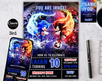 Sonic verjaardagsuitnodiging, Super Hedgehog Boys-feestuitnodiging, Super Sonic-feestuitnodiging, bewerkbare Sonic-uitnodigingssjabloon, Canva-sjabloon
