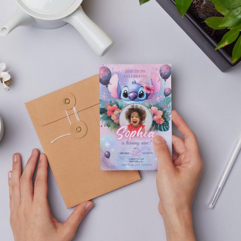 May include: A birthday invitation featuring a cartoon character, a photo of a child, and the text "Sophia is turning nine!" The invitation has a colorful design with pink, purple, and blue hues, and includes the date and time of the party.