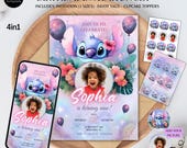 Stitch Birthday Invitation with Photo, Editable Canva Template, Custom Kids Party Invite, Pastel Galaxy Theme, Digital Download Instant Edit