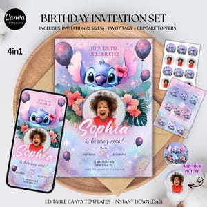 Op de afbeelding: Een verjaardagsuitnodigingsset met een stripfiguur, ballonnen en bloemmotieven. De uitnodiging bevat de tekst "Doe met ons mee om te vieren!" en "Sophia wordt negen!" Inclusief bedanklabels en cupcake toppers.