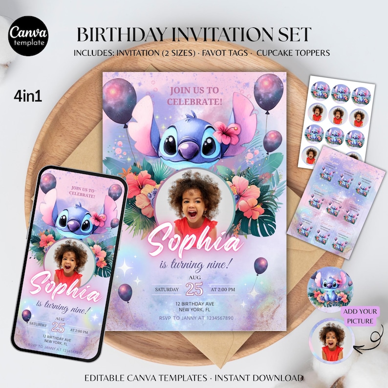 May include: A birthday invitation set featuring a cartoon character, balloons, and floral accents. The invitation includes the text "Join us to Celebrate!" and "Sophia is turning nine!" Also includes favor tags and cupcake toppers.
