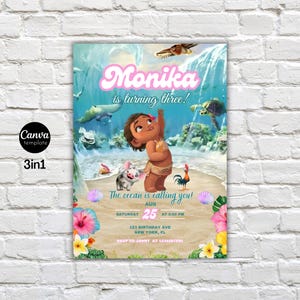 Baby Moana Geburtstagseinladung, bearbeitbare digitale Hawaiian Moana Geburtstag einladen, Kinder Thema Party Einladung, digitale Baby Moana Vorlage
