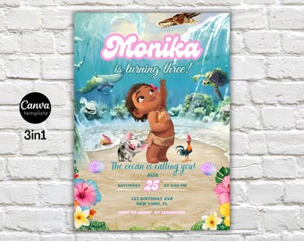 Invito di compleanno Baby Moana, invito di compleanno Moana hawaiano digitale modificabile, invito per festa a tema per bambini, modello digitale Baby Moana
