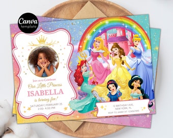 May include: A pink and blue birthday invitation with a rainbow and a photo of a young girl. The invitation features a princess theme with Disney princesses like Cinderella, Belle, Ariel, and Jasmine. The text reads "Join us to Celebrate Our Little Princess Isabella is turning five! Saturday | February 25 2:00-4:00 PM 12 Birthday Ave, New York, FL RSVP to Janny at 1234567890"