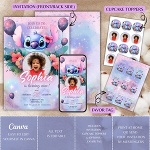 May include: A party invitation set featuring a cartoon character, balloons, and floral elements. The invitation includes a photo of a child and the text "Sophia is turning nine!" Also included are cupcake toppers and favor tags.