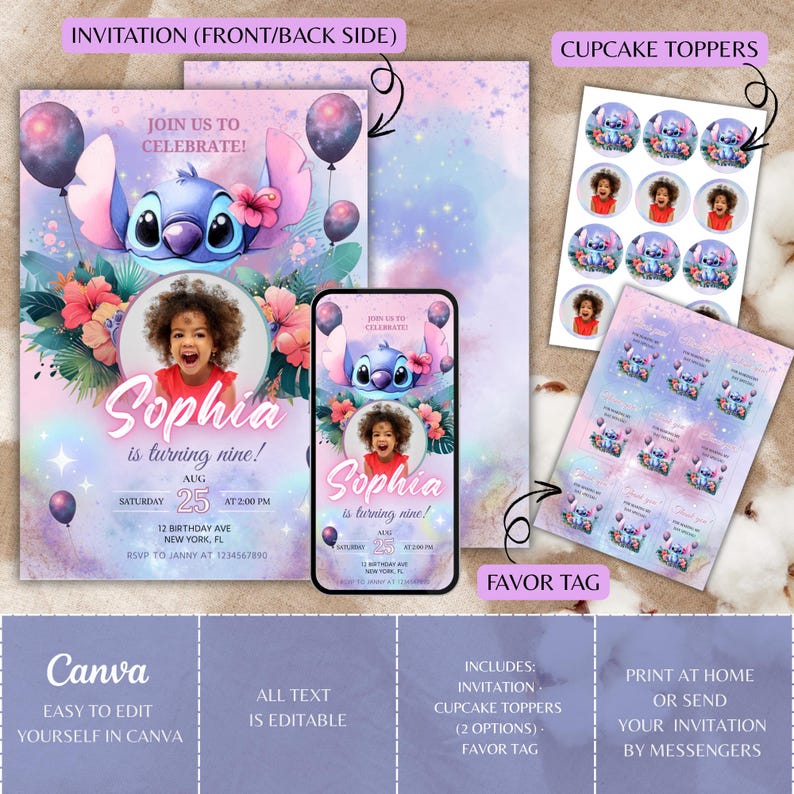 May include: A party invitation set featuring a cartoon character, balloons, and floral elements. The invitation includes a photo of a child and the text "Sophia is turning nine!" Also included are cupcake toppers and favor tags.