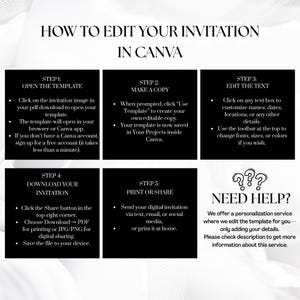 May include: A graphic with instructions on how to edit an invitation in Canva. The steps include opening the template, making a copy, editing the text, downloading the invitation, and printing or sharing it. There is also a section for help.