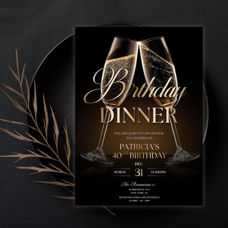May include: A black and gold birthday dinner invitation featuring two champagne flutes clinking together. The invitation reads "Birthday Dinner" in elegant gold script, with details for Patricia's 40th birthday celebration.