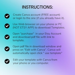 May include: Instructions graphic on a gradient background of teal, purple, and white. The text includes steps for using Canva templates, such as creating an account, downloading templates, and editing them on a phone or computer.