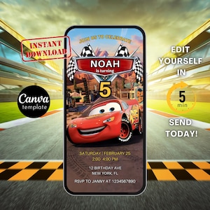 May include: A digital invitation on a smartphone screen featuring a red race car with the number 5. The invitation includes the text "Join us to celebrate" and "Noah is turning 5". Additional text includes event details and RSVP information.