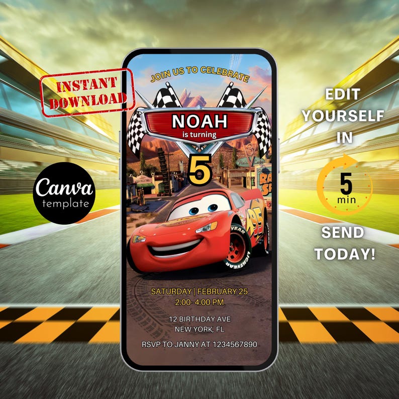 May include: A digital invitation on a smartphone screen featuring a red race car with the number 5. The invitation includes the text "Join us to celebrate" and "Noah is turning 5". Additional text includes event details and RSVP information.