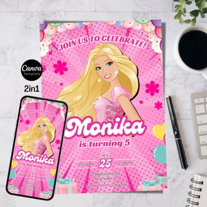 Editable Doll Birthday Invitation Template Doll Invitation Hot Pink Birthday Party Invitation Pink Doll Invites Digital Kid Party Canva 227