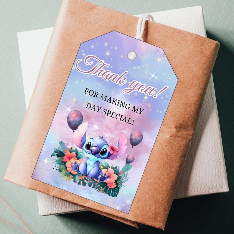 May include: A gift tag with the text "Thank you! For making my day special!" features a cartoon character with flowers and balloons. The tag is on a brown package with a white box underneath.