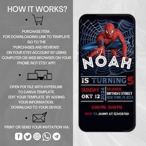 Peut inclure: Une invitation num&eacute;rique pour une f&ecirc;te d'anniversaire de 5 ans avec un personnage de Spiderman. L'invitation est noire avec des accents rouges et blancs. Le texte indique "Noah a 5 ans" et comprend la date, l'heure et le lieu de la f&ecirc;te.
