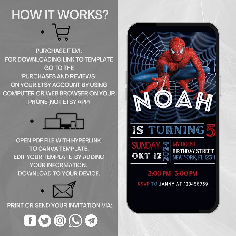 Peut inclure: Une invitation num&eacute;rique pour une f&ecirc;te d'anniversaire de 5 ans avec un personnage de Spiderman. L'invitation est noire avec des accents rouges et blancs. Le texte indique "Noah a 5 ans" et comprend la date, l'heure et le lieu de la f&ecirc;te.