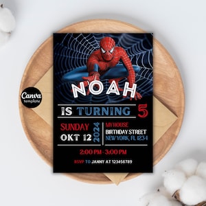 Peut inclure: Une invitation de f&ecirc;te d'anniversaire Spiderman noire et rouge avec un fond de toile d'araign&eacute;e. L'invitation indique "Noah a 5 ans" et comprend la date, l'heure et le lieu de la f&ecirc;te.