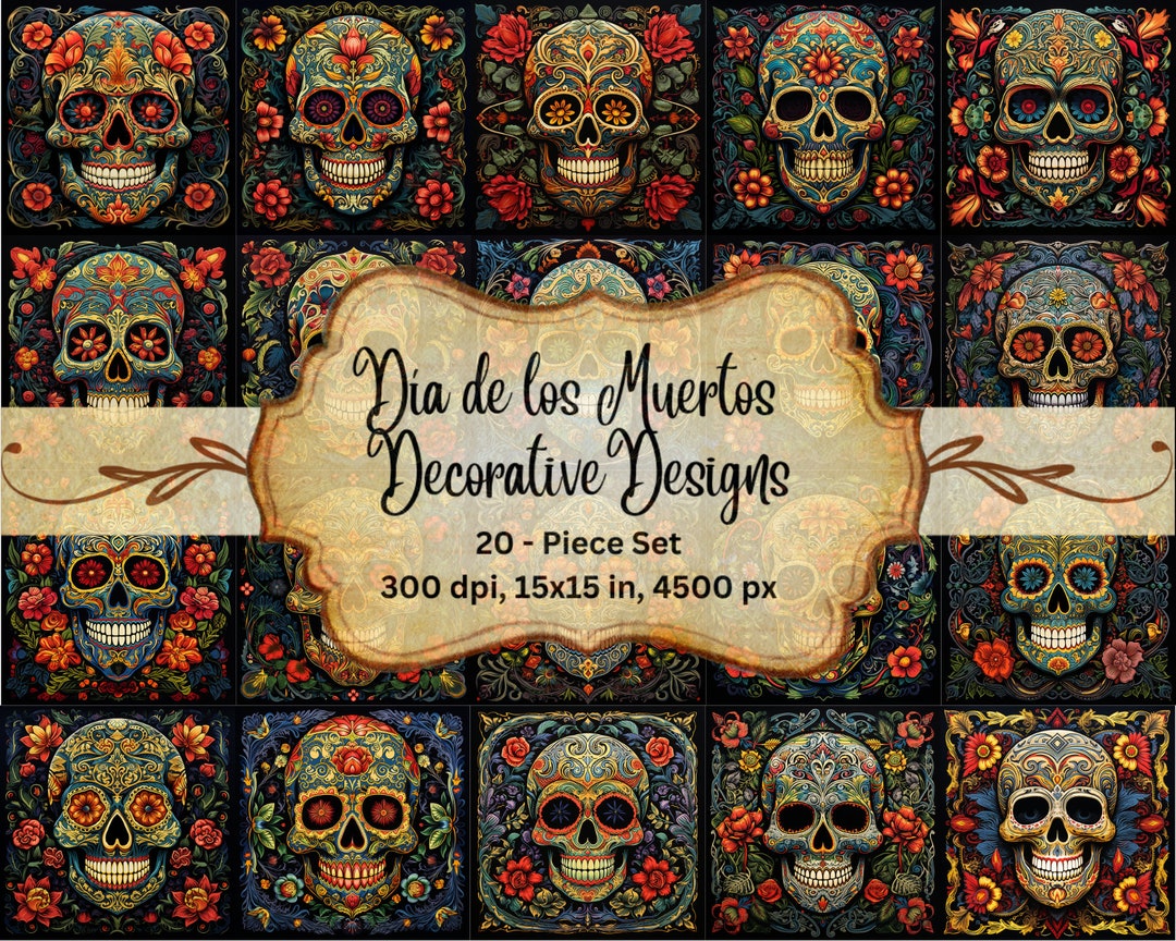 Dia De Los Muertos Decorative Tiles: 20-pc Day of the Dead Digital Art ...