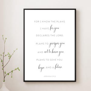 Jeremías 29:11 Porque yo sé los planes que tengo para vosotros. Arte de pared imprimible, arte de pared con versículo bíblico, arte de pared cristiano, arte de pared de oficina, regalo de bautismo.