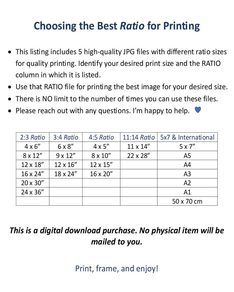 Op de afbeelding: Een tabel die verschillende beeldverhoudingen voor het afdrukken van afbeeldingen laat zien. De tabel geeft de verhouding, de bijbehorende afdrukformaten in inches en de internationale papierformaten weer. De tabel bevat de verhoudingen 2:3, 3:4, 4:5, 11:14 en 5x7. De tekst "Dit is een digitale downloadaankoop. Er wordt geen fysiek item naar u verzonden." staat onder de tabel. De tekst "Afdrukken, inlijsten en genieten!" staat onderaan de tabel.