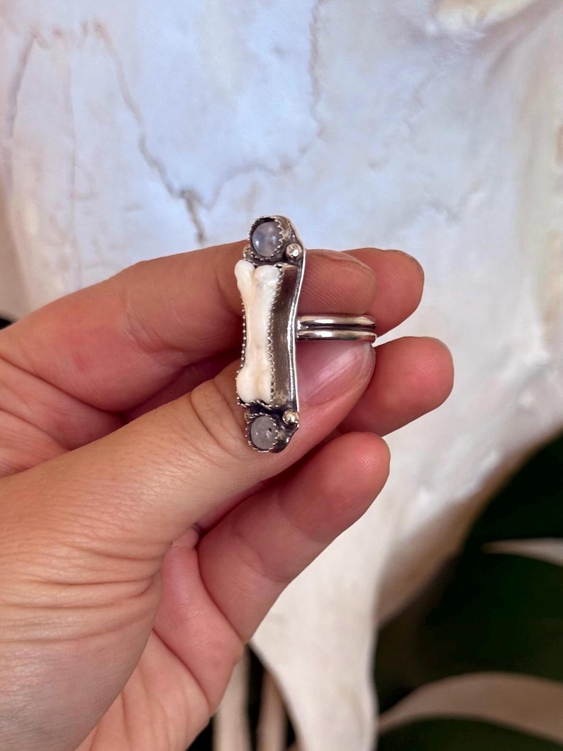 May include: A silver ring featuring a bone-shaped design with a white center and two small, round, gray stones. The ring is held in a hand, showcasing the intricate details of the jewelry. The ring's design is unique and eye-catching.