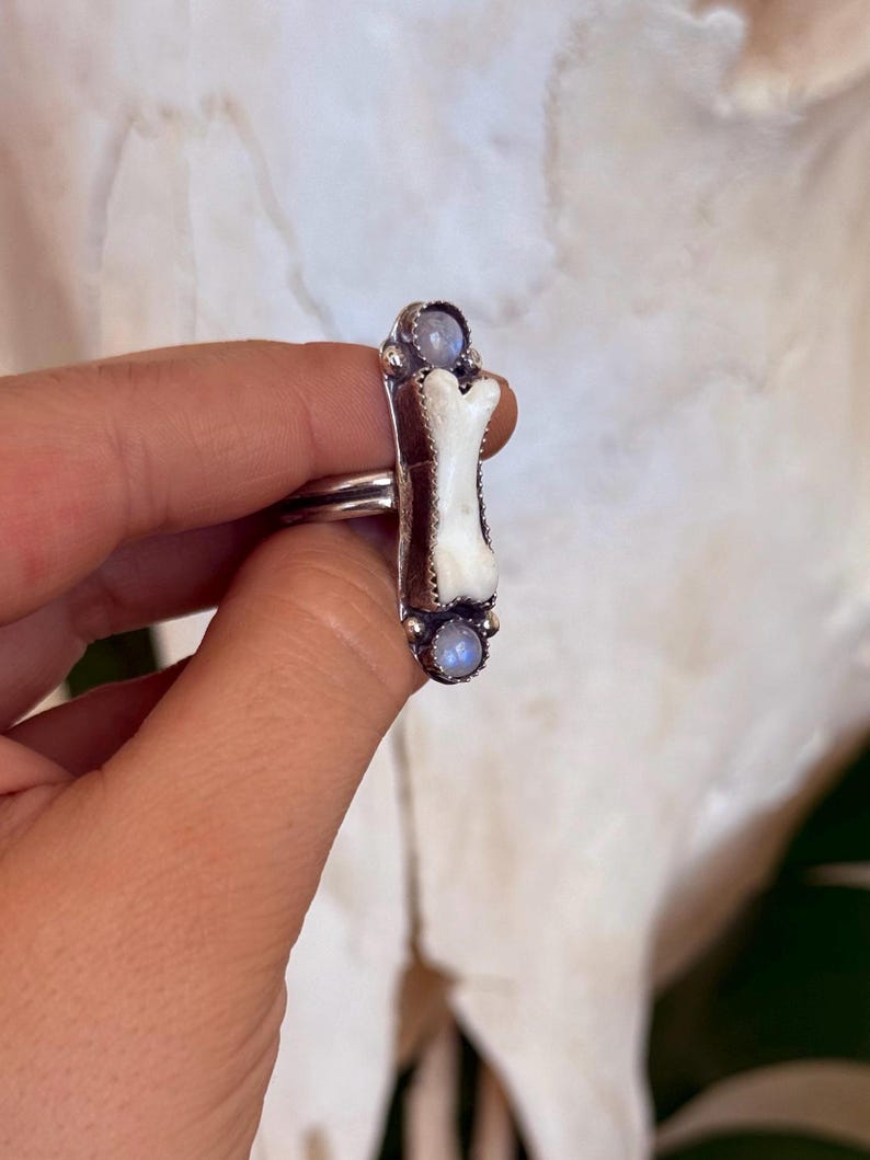 May include: A silver ring featuring a bone-shaped centerpiece with a white finish, flanked by two small, round, light blue gemstones. The ring has a detailed, textured design and is set against a blurred background.