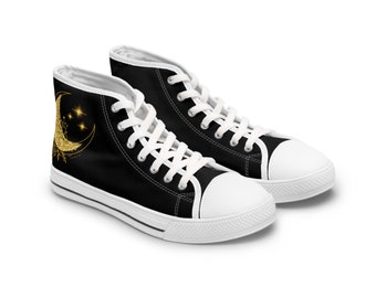 May include: Black high-top canvas sneakers with white laces and a white sole. The sneakers feature a gold glitter crescent moon and stars design.