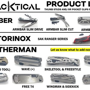 Puede incluir: Una colecci&oacute;n de navajas multiusos de bolsillo de marcas como Gerber, Victorinox y Leatherman. Las navajas se muestran sobre un fondo blanco con los nombres de las marcas y los nombres de los modelos debajo de cada navaja.