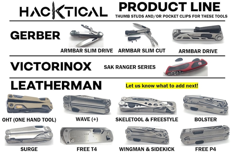 Puede incluir: Una colecci&oacute;n de navajas multiusos de bolsillo de marcas como Gerber, Victorinox y Leatherman. Las navajas se muestran sobre un fondo blanco con los nombres de las marcas y los nombres de los modelos debajo de cada navaja.