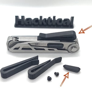 Pode incluir: Uma multiferramenta Gerber preta com um clipe de bolso preto. O clipe de bolso é mostrado separadamente com dois parafusos. A multiferramenta está fechada e tem uma alça preta.