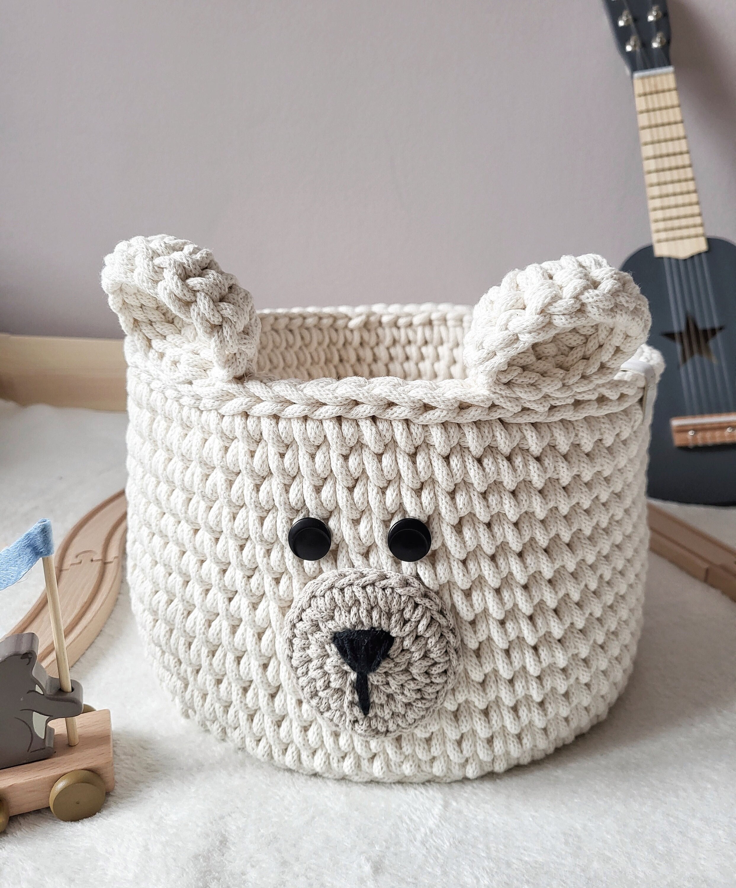 Beige Bear Basket, Crochet Basket, Bear Nursery Decor 