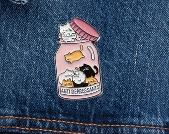 Jar of Cats “Antidepressant” Enamel Pin – Mental Health Cat Pin, Cute Kitty Pill Bottle Pin, Wholesome Cat Lady Gift, Cat Mom Gift
