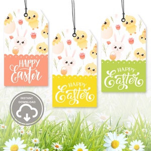 Printable Happy Easter Gift Tag, Bunny Gift Tag, Easter Basket Tags, Bunny Chic, Treat Tags, Easter Printable, Instant Download, 2&quot;x3.5&quot; Tag