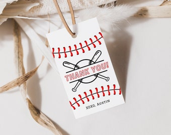 May include: White thank you tag with red stitching around the edges. A baseball and two crossed bats are in the center with the text "THANK YOU!" in red. The bottom of the tag says "XOXO, AUSTIN".