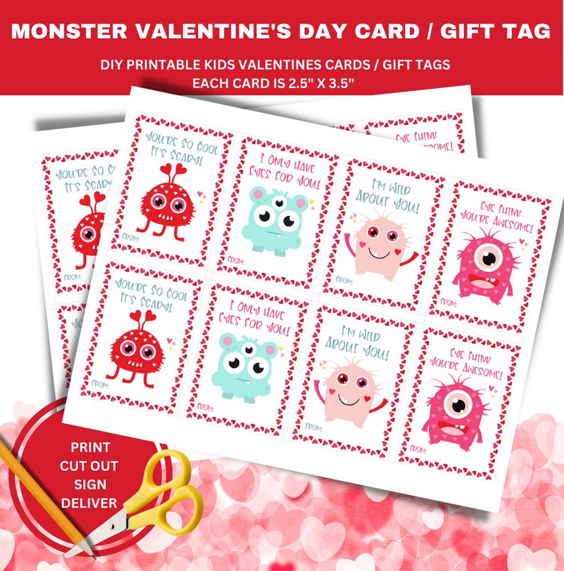 PRINTABLE Monster Kids Valentines Day Card - Valentines Gift Tag ...