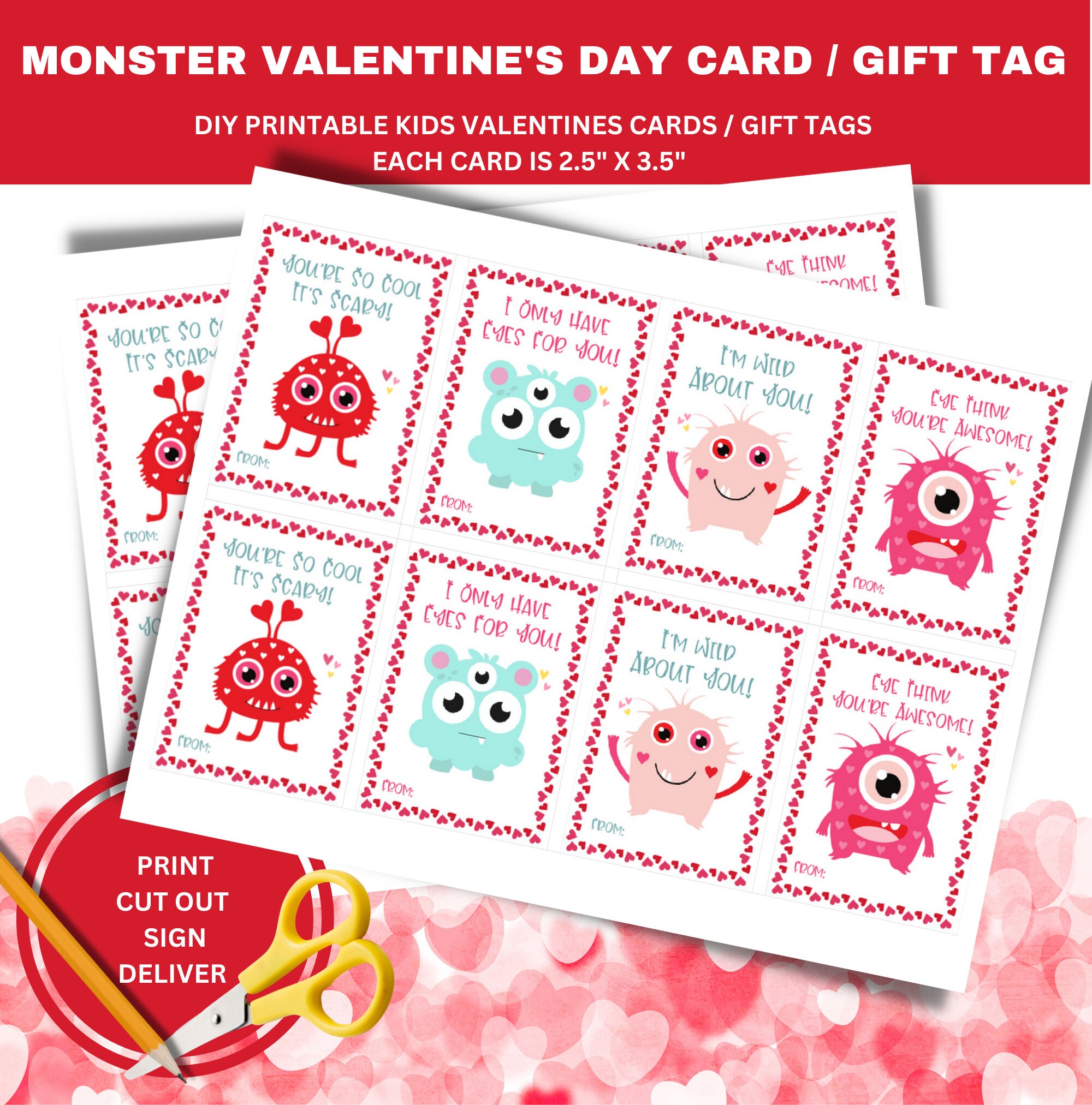 PRINTABLE Monster Kids Valentines Day Card - Valentines Gift Tag ...