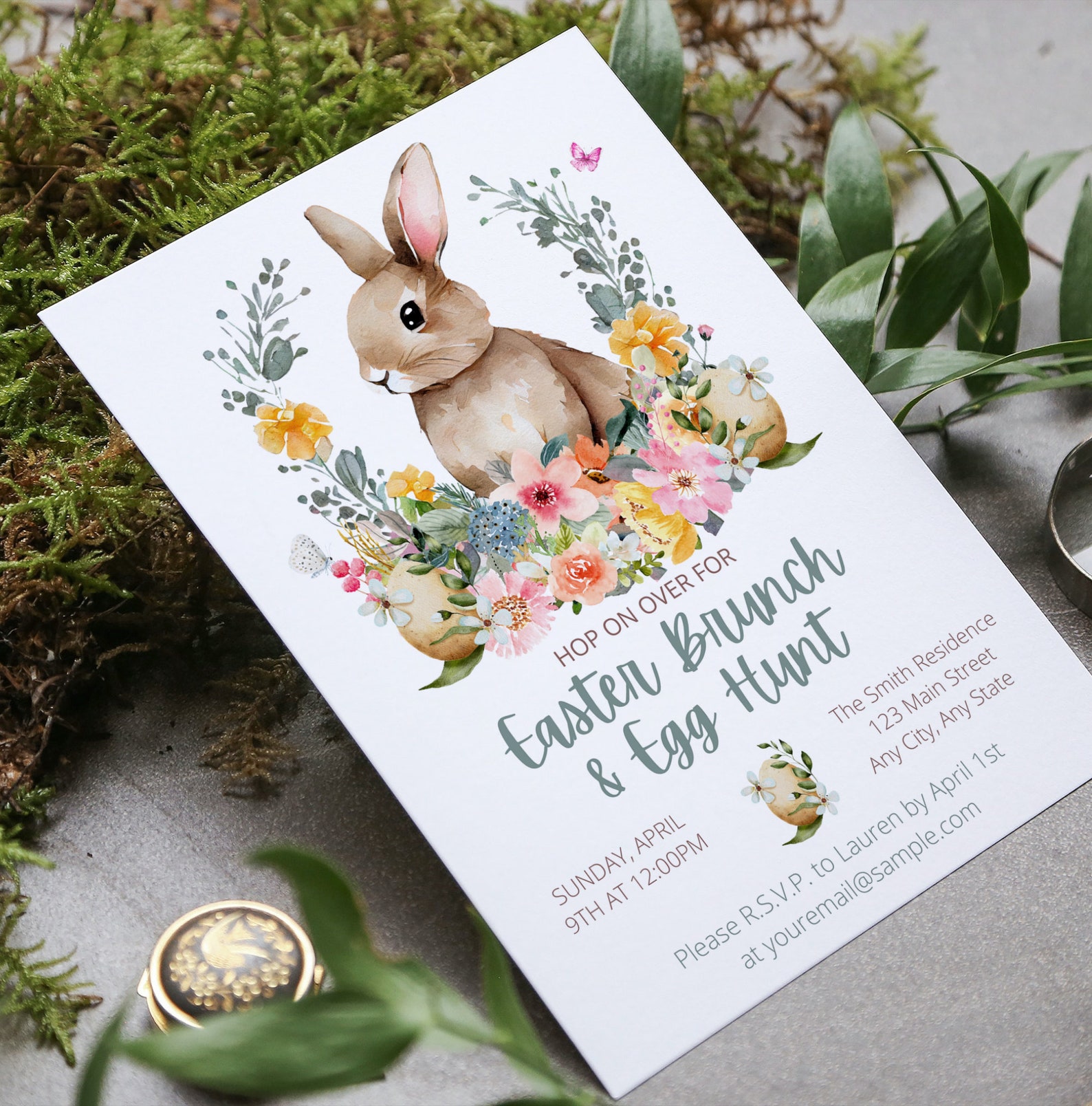 Hop on Over Easter Brunch & Egg Hunt Invitation, Easter Bunny, Spring ...