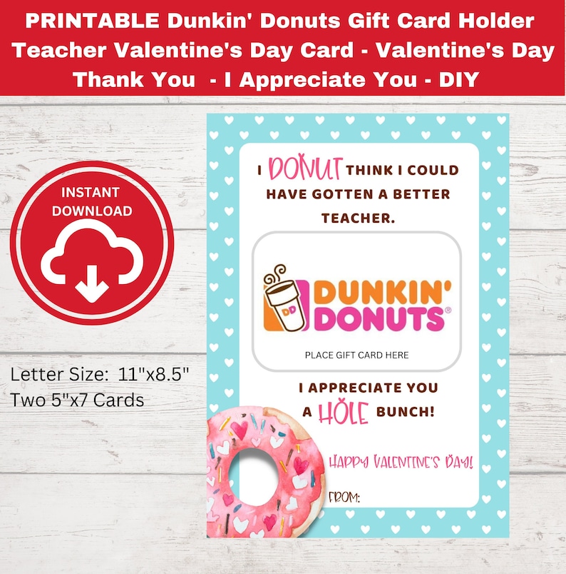 PRINTABLE Dunkin Donuts Gift Card Holder Teacher Valentine #39 s Day PRINTABLE Dunkin Donuts Gift Card Holder Teacher Valentine #39 s Day
