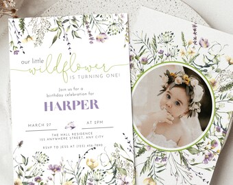 May include: A floral-themed first birthday invitation for a baby girl named Harper. The invitation features a watercolor illustration of wildflowers and a photo of the baby girl wearing a flower crown. The text on the invitation reads "Our little wildflower is turning one!" and includes details about the birthday party, including the date, time, and location.