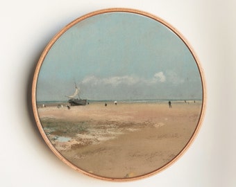 Vintage Neutral Beach Painting, Soft Coastal Landscape, Neutral Tones Beachscape Oil Painting, Vintage Wall Art Print on Round Canvas